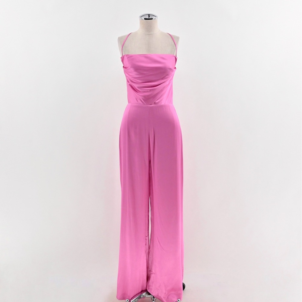 Meshki Womens Satin Wide Leg Jumpsuit Size S Pink Strappy Backless Elegant